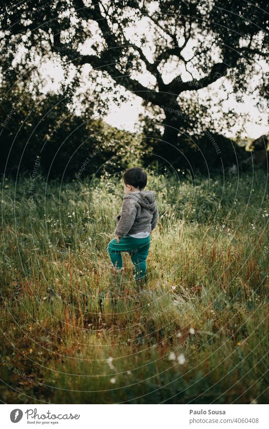 Kind auf dem Feld Natur natürlich erkunden 1-3 Jahre Kaukasier Rückansicht Wald Frühling Frühlingsgefühle Umwelt mehrfarbig niedlich authentisch Außenaufnahme