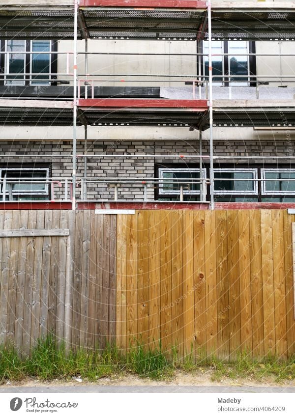 Unkraut vor einem Bauzaun mit Holzbrettern vor einem Neubau mit Baugerüst am Hafen in Offenbach am Main in HessenUrbanitätUrbanes Leben Baustelle Holzzaun