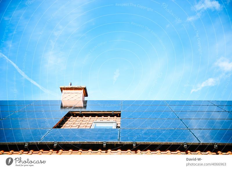 Solarmodule auf einem Dach Photovoltaik Solarenergie Himmel Solarzellen Energiewirtschaft Sonnenlicht sparen Förderung Zukunftsorientiert Photovoltaikanlage