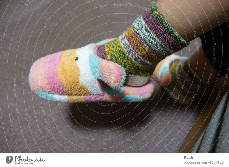Pantoffel-Tierchen Hausschuhe Pantoffeln Plüsch bunt Socken kitschig Geschmackssache Stilfrage Kleidung gemustert Innenaufnahme Muster Bekleidung Farbfoto Fuß