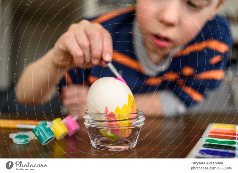 Junge Färbung Osterei Ostern Ei Kind Dekoration & Verzierung Farbe Farbstoff Malerei heimwärts Bürste Feiertag Frühling im Innenbereich Tradition Spaß Kindheit