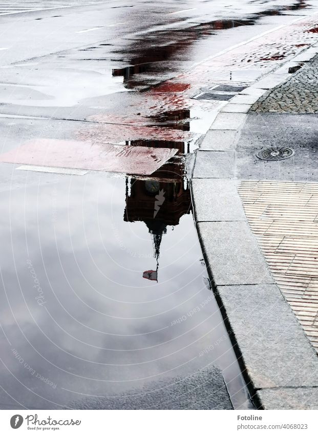 Berlins Pfützen II - Rotes Rathaus Wasser Reflexion & Spiegelung nass Außenaufnahme Menschenleer Farbfoto Straße Wetter schlechtes Wetter Regen Tag Verkehrswege