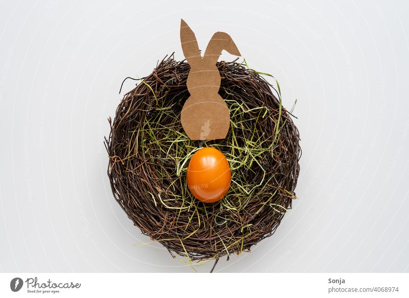 Ein Papier Osterhase und ein Osterei in einem Nest selbstgemacht weißer Hintergrund Draufsicht Ostern Farbfoto Osternest Tradition Studioaufnahme Frühling