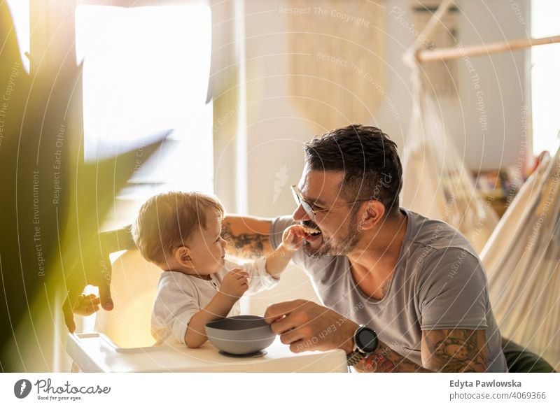 Alleinerziehender Vater füttert sein Baby, das in einem Hochstuhl sitzt alleinerziehend alleinerziehender Vater Vatertag Vaterschaft zu Hause bleiben Dad