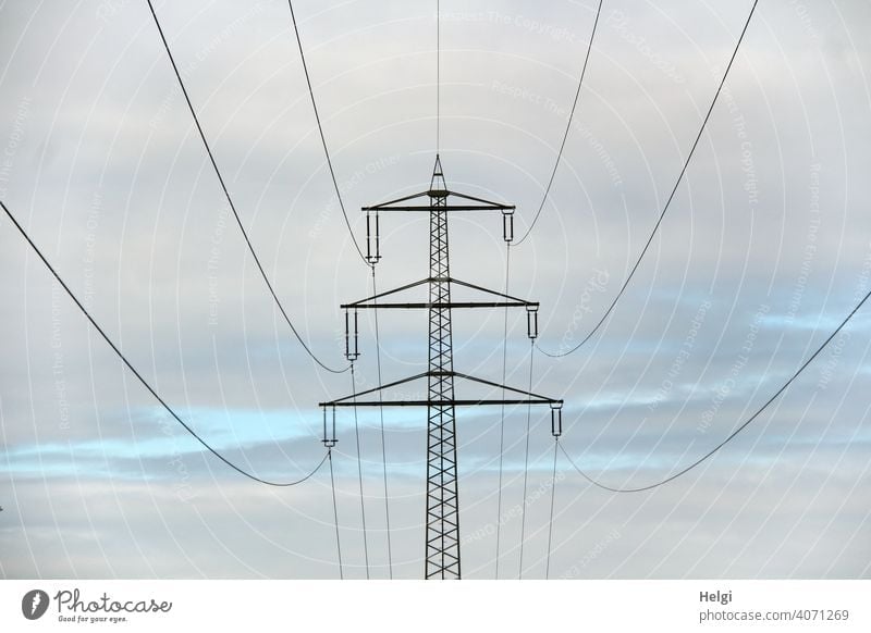 Strommast mit Hochspannungsleitungen vor bewölktem Himmel II Stromleitungen Elektrizität Energie Energiewirtschaft Technik & Technologie Leitung Kabel CO2