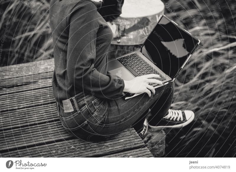 Junge Frau arbeitet draußen (unabhängig vom Ort) auf einem Holzsteg an der frischen Luft am Laptop / PC Computer arbeiten Arbeitsplatz Business Internet
