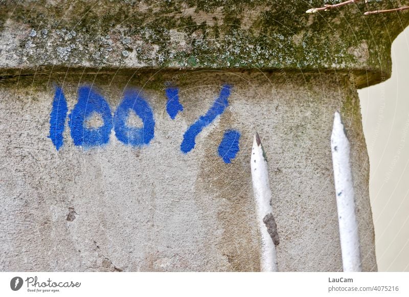 Blaues Graffiti 100% auf einer grauen bemoosten Mauer mit zwei weißen Zaunzacken 100%-Bildausschnitt Schriftzeichen Wort Zahl Zahlen Ziffern & Zahlen