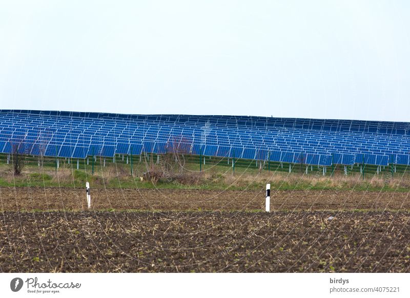 Eine Fläche von vielen photovoltaikmodulen. Solarpark , Solar- Freiflächenanlage inmitten landwirtschaftlicher  Nutzflächen.. viele Solarpaneele , Photovoltaik