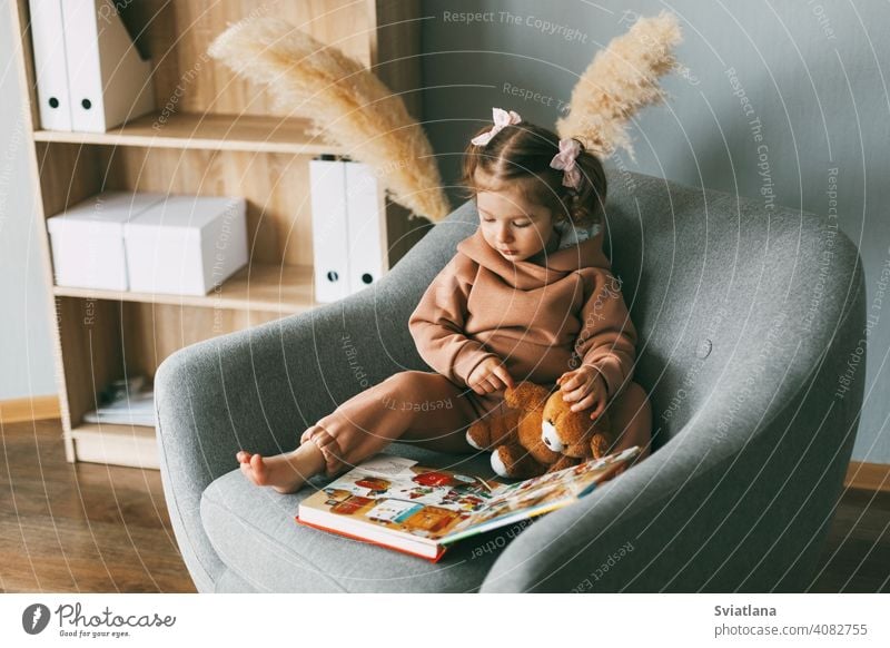 Ein süßes kleines Mädchen blättert durch ein buntes Lehrbuch und sitzt auf einem Stuhl im Zimmer. Entwicklung, Bildung, Kindheit Buch Sitzen Kleinkind wenig