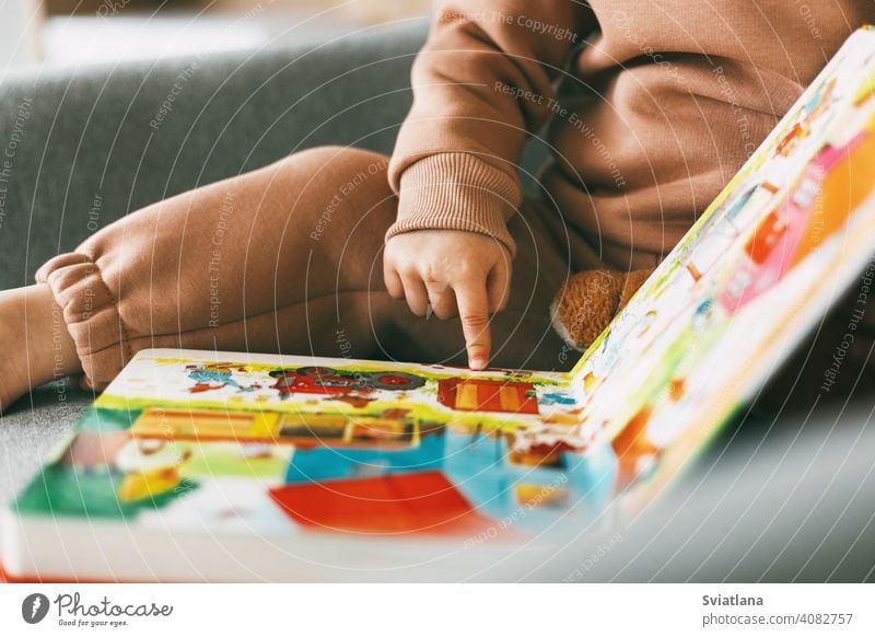 Nahaufnahme eines Kinderlehrbuchs mit farbigen Bildern in den Händen eines kleinen Mädchens. Entwicklung, Bildung, Kindheit Buch Sitzen Kleinkind wenig