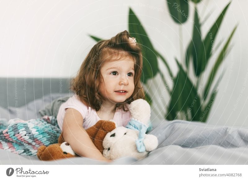 Porträt eines reizenden kleinen Mädchens, das mit seinem Teddybär auf einem Bett liegt wenig Glück Decke niedlich Morgen Pyjamas unten lacht Schlafzimmer