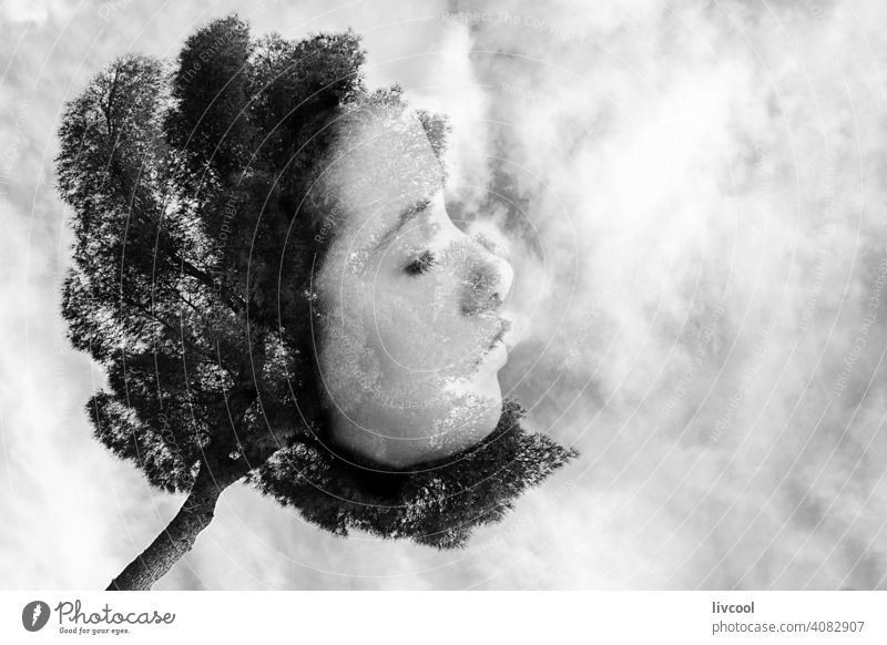 weibliches Gesicht mit einem Baum verschmolzen Frau Teenager Porträt Wald Berge u. Gebirge albanien berat Zitadelle Hügel Natur im Freien Kommunismus Tourismus