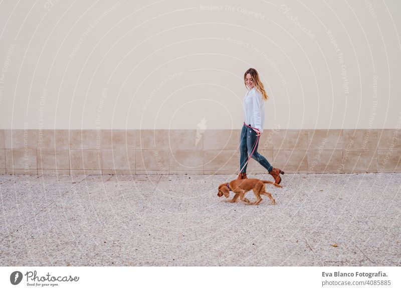 Junge Frau auf der Straße zu Fuß mit ihrem niedlichen Cocker-Hund. Lifestyle im Freien mit Haustieren Freundschaft Großstadt schön laufen Lächeln Tier außerhalb