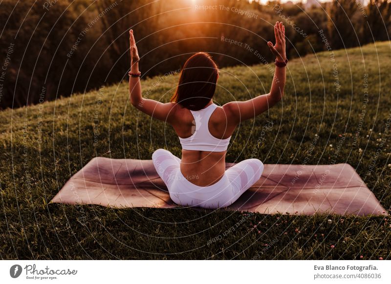 junge schöne asiatische Frau macht Yoga in einem Park bei Sonnenuntergang. Yoga und gesunder Lebensstil Konzept. Rückansicht Sommer Glück Genuss Sport Lifestyle