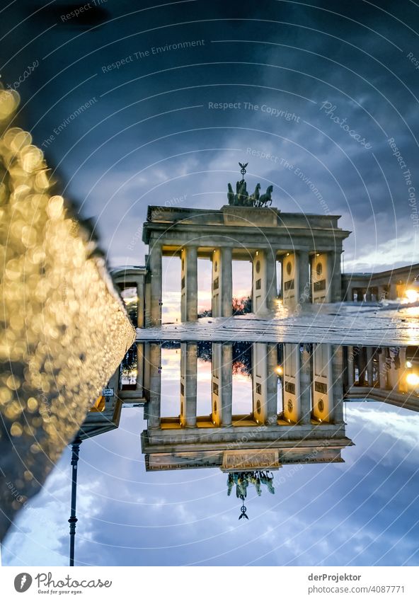 Brandenburger Tor in der Reflektion einer Pfütze IV Zentralperspektive Reflexion & Spiegelung Schatten Textfreiraum oben Dämmerung Kunstlicht Licht