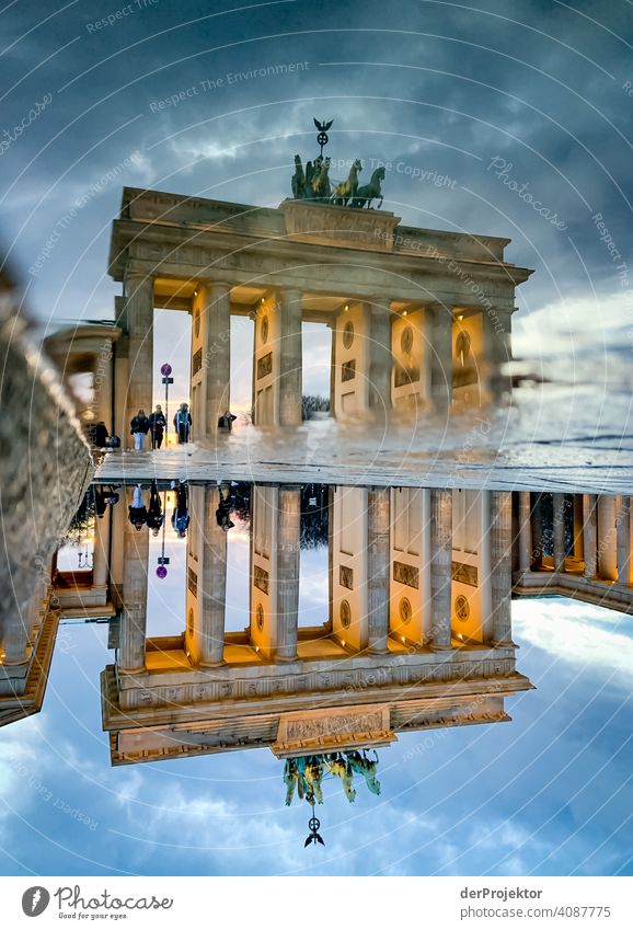 Brandenburger Tor in der Reflektion einer Pfütze I Zentralperspektive Reflexion & Spiegelung Schatten Textfreiraum oben Dämmerung Kunstlicht Licht