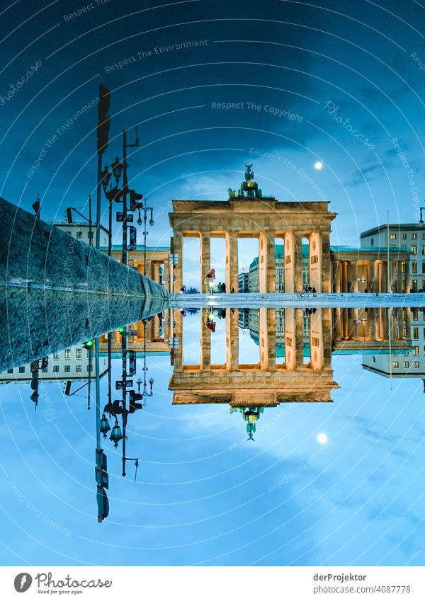 Brandenburger Tor in der Reflektion einer Pfütze VII Zentralperspektive Reflexion & Spiegelung Schatten Textfreiraum oben Dämmerung Kunstlicht Licht
