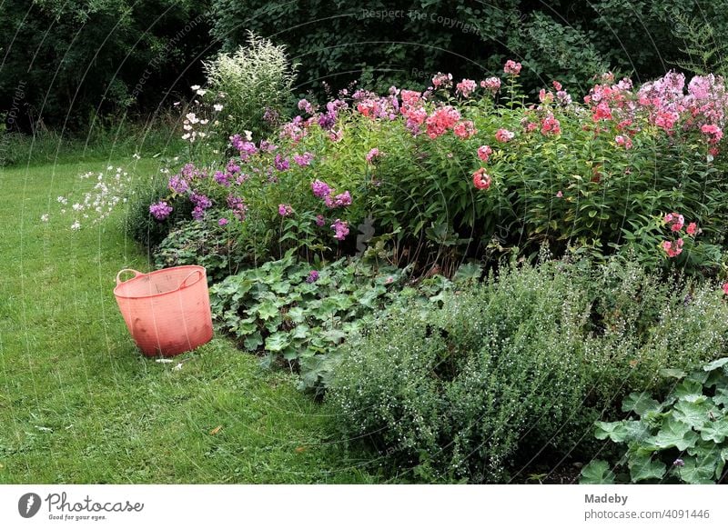 Bauerngarten mit vielen bunten Sommerblumen und rotem Gartenkorb aus Plastik im Sommer in Rudersau bei Rottenbuch im Kreis Weilheim-Schongau in Oberbayern Korb