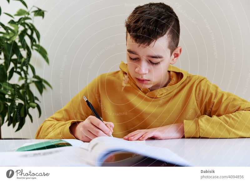 Teenager Junge schreiben Hausaufgaben zu Hause. Bildung Konzept Schule schreibend heimwärts studierend Buch Person Schüler Menschen Kindheit Kaukasier
