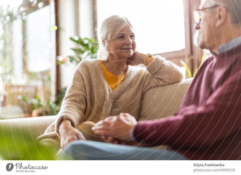Porträt eines älteren Paares, das sich zu Hause entspannt Menschen Frau Erwachsener Senior reif lässig attraktiv männlich Mann Lächeln Glück Kaukasier
