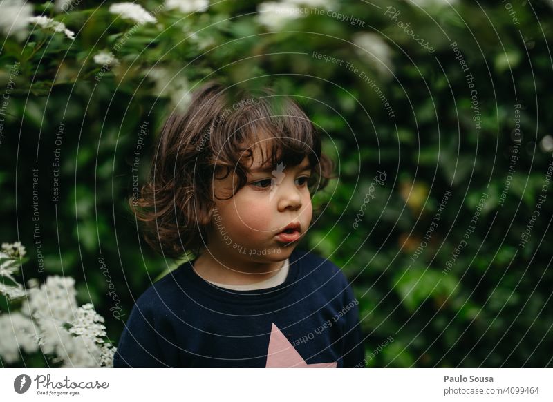 Porträt eines niedlichen Mädchens Kind 1-3 Jahre Kaukasier Grünpflanze Laubwerk Frühling grün Garten Pflanze Tag Mensch Außenaufnahme Farbfoto Natur Kindheit