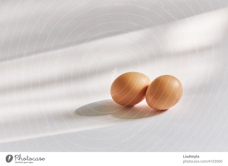 Zwei braune Eier auf einem weißen Hintergrund in natürlichem Sonnenlicht Schatten Federn zwei Produkt vorbereitet essen Feier Koch Mittagessen Raum Gruß frisch