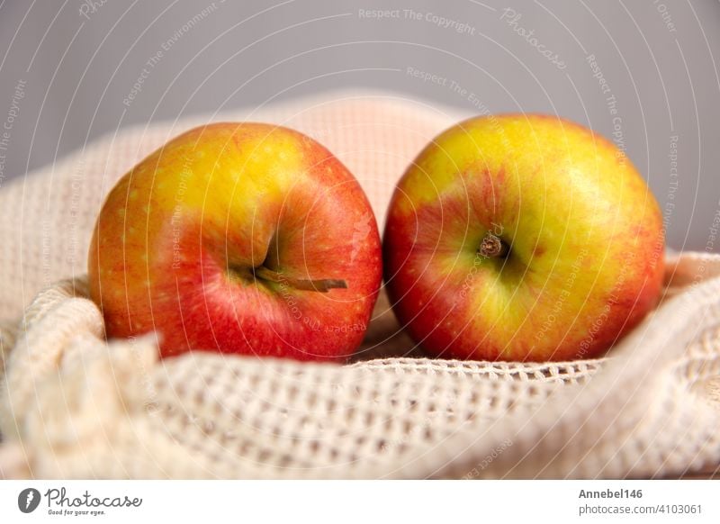Äpfel in einer umweltfreundlichen Tasche, Umweltfreundliche Tasche mit roten frischen Äpfeln mit Kopierraum, Obst, Gesundheit, Umweltkonzept Öko wiederverwenden