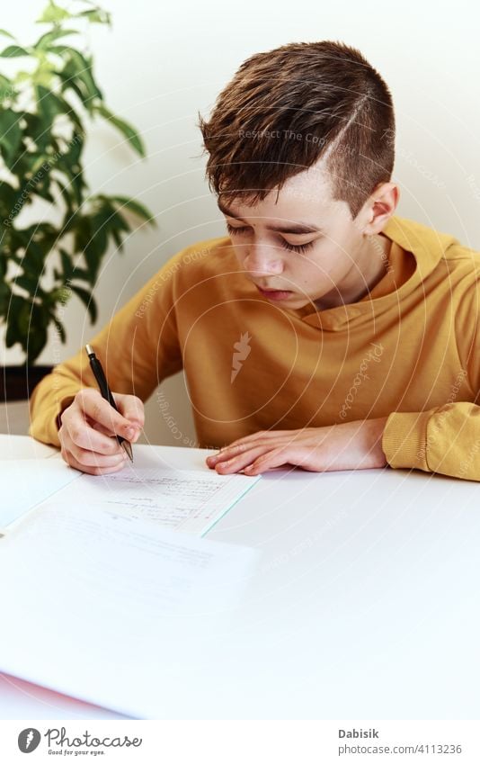 Teenager Junge schreiben Hausaufgaben zu Hause. Bildung Konzept Schule schreibend heimwärts studierend Buch Person Schüler Menschen Kindheit Kaukasier