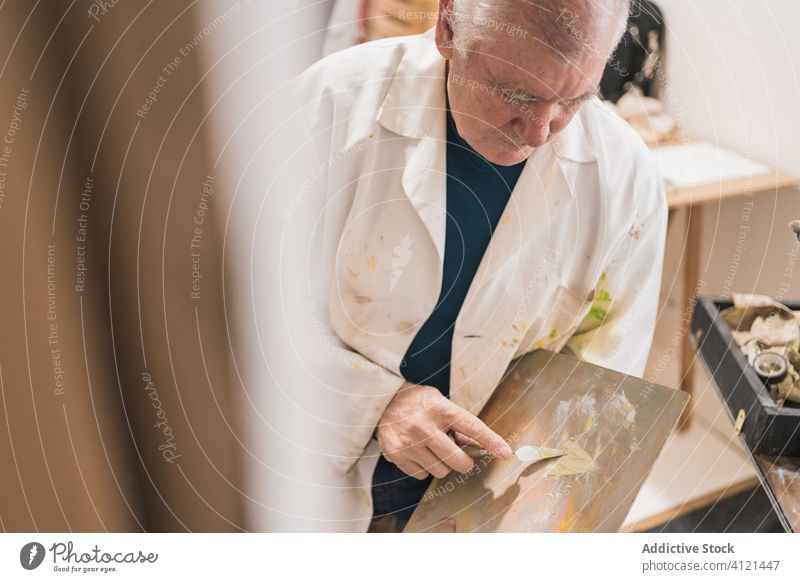 Älterer Mann malt Bild mit Pinsel Künstler gealtert Pinselblume Kunst heimwärts Inspiration zeichnen Farbe Konzentration Palette Erdöl Staffelei Papier Atelier