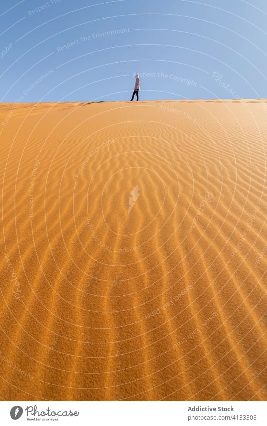 Anonymer Reisender wandert entlang einer Sanddüne in der Wüste wüst reisen Düne Spaziergang Feiertag Tourist schlendern Blauer Himmel Natur Marokko Afrika