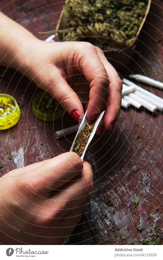 Unbekannte Raucherin macht Marihuana-Joint Cannabis Schleifmaschine vorbereiten Gelenk Frau rollen Grinden Medikament Unkraut Tabak Zigarette Kräuterbuch