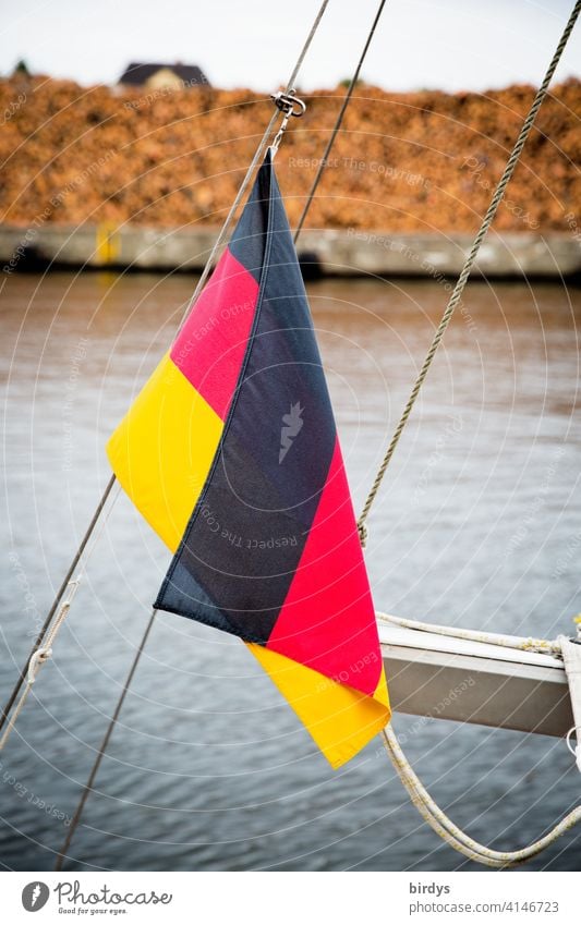 Deutschlandfahne auf einem Boot im Hafen, Nutzholzlager im Hintergrund Nationalflagge schlaff Flaute Wasser Langholzlager baumstämme Borkenkäfer Nadelholz
