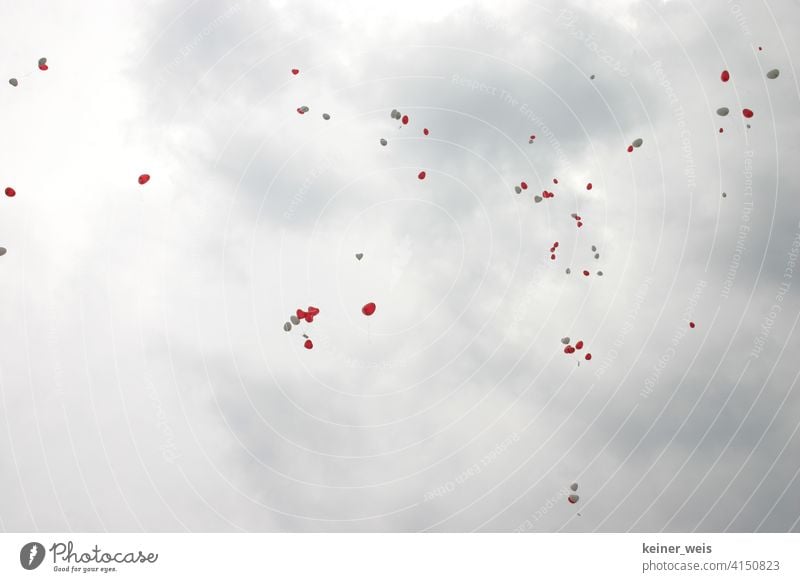 Rote und weiße Luftballons im grauen bewölkten Himmel herzförmig rot Zettel Karten viele fliegen Hochzeit Wolken Wetter Regenwetter Menge schweben romantisch