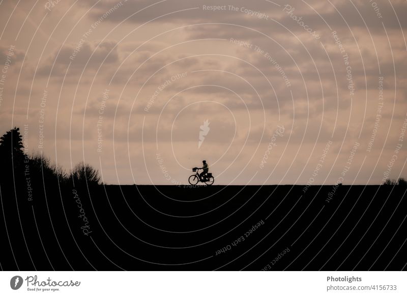 Schatten eines Fahrradfahrers in abendlicher Stimmung Silhouette Damm Abendstimmung Fahrradfahren Außenaufnahme Straße Weg Freizeit & Hobby Verkehr Sport Mensch