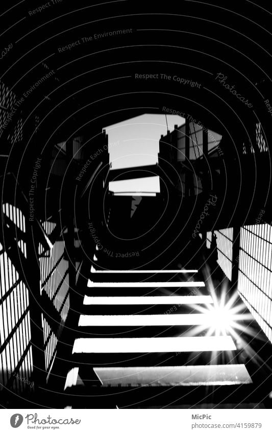 Hoch hinaus Treppe stufen schwarz Schwarzweißfoto Architektur Sonnenstern Sonnenstrahl Schatten Außenaufnahme Treppengeländer