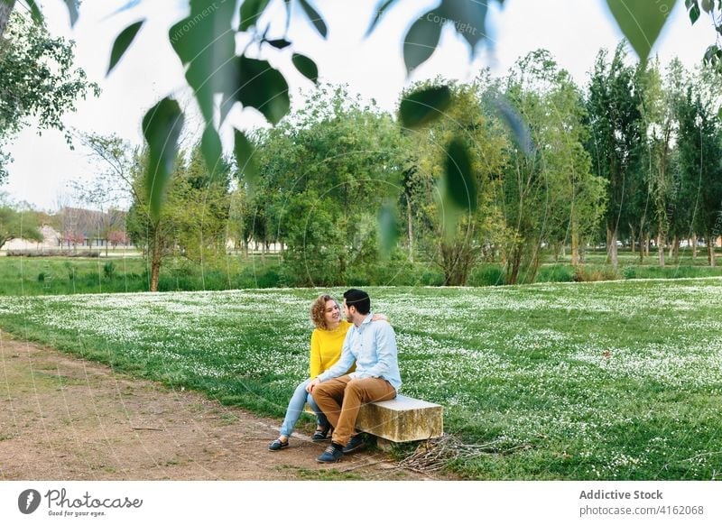 Verliebtes Paar sitzt auf einer Bank im Park Liebe Umarmung Zusammensein Umarmen Sommer sich[Akk] entspannen genießen Wochenende Freundin Termin & Datum Angebot