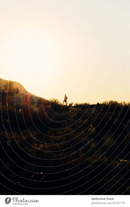 Anonyme Person, die bei Sonnenuntergang auf einem Hügel läuft laufen Berge u. Gebirge Berghang Training Athlet Aufstieg Silhouette Übung Gesundheit Sport