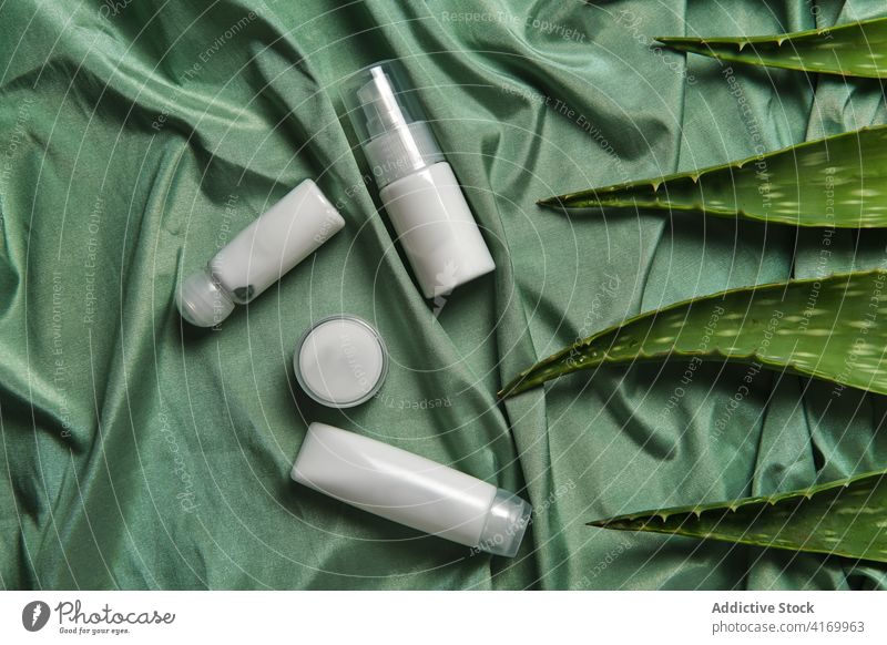 Aloe-Blätter und Hautpflegeprodukte auf grünem Tuch natürlich Blatt Produkt Kosmetik Pflanze Leckerbissen organisch Kosmetologie Schönheit Routine Öko Pflege