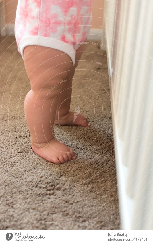 Zehn Monate altes Kleinkind, das sich an den Gitterstäben des Kinderbettes festhält und aufrecht steht; robuste Babybeine Lernen stehen Spaziergang Schritt