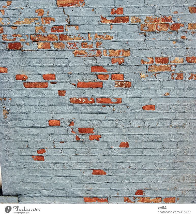 Masern Mauer Wand Fassade Backstein verputzt Putz alt fest trashig blau grau rot Vergänglichkeit verlieren Zerstörung Zusammenhalt Schaden Lücke Relief viele