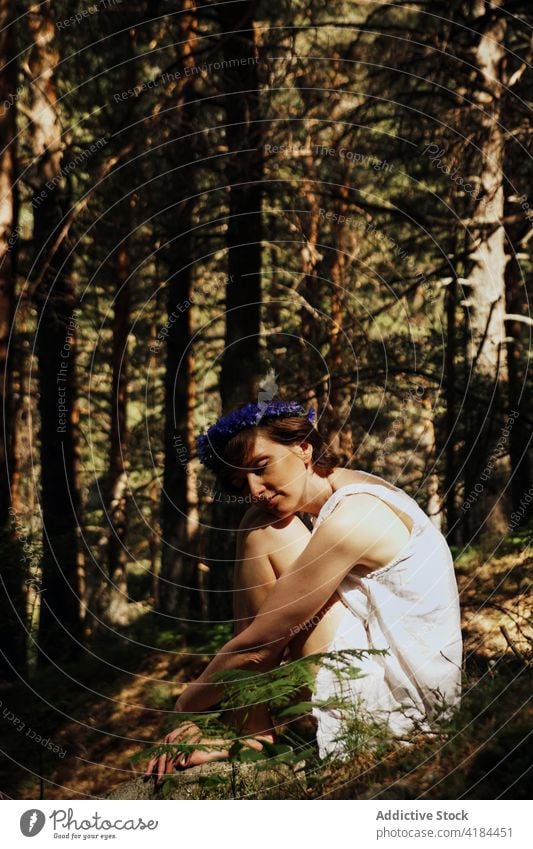 Verträumte barfüßige Frau, die sich an einem sonnigen Tag im Wald ausruht Knie umarmend romantisch verträumt Augen geschlossen Natur Harmonie