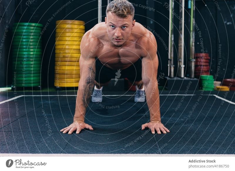 Selbstbewusster Sportler macht Liegestütze beim Training im Fitnessstudio hochschieben Übung operativ muskulös stark Bestimmen Sie Mann männlich nackt Torso