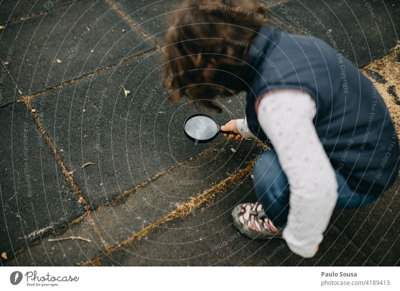Kind erforscht mit Lupe erkunden Mädchen 1-3 Jahre Kaukasier Ameise Glück Neugier Lifestyle Außenaufnahme Mensch Natur Freude Spielen Farbfoto Kindheit