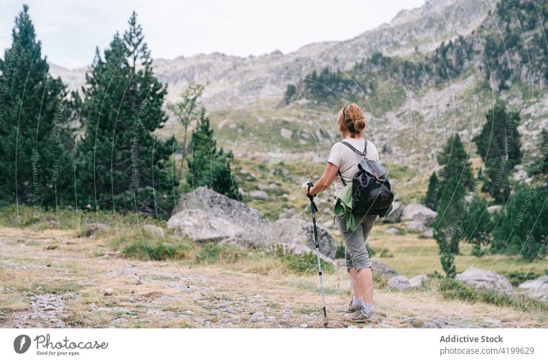 Anonyme aktive Frau, die mit Stöcken auf einem steinigen Berghang spazieren geht Spaziergang Stangengehen Hügel Weg Energie Trekking Nordic Walking physisch