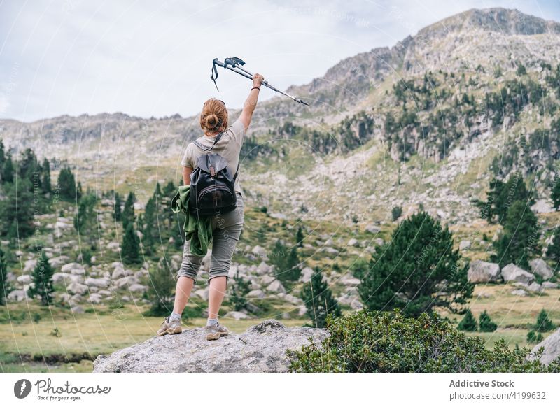 Unbekannte Frau hebt Hand mit Wanderstöcken im malerischen Hochland Stangengehen Hand erhoben Freiheit aufgeregt Trekking erreichen Vitalität Mast gewinnen