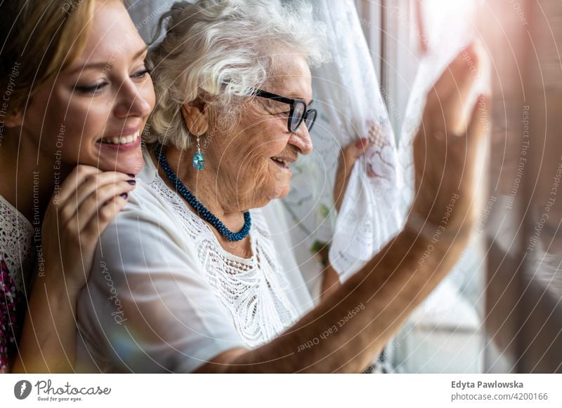 Junge Frau verbringt Zeit mit ihrer älteren Großmutter zu Hause Menschen Senior reif lässig Kaukasier heimwärts alt Alterung häusliches Leben Rentnerin