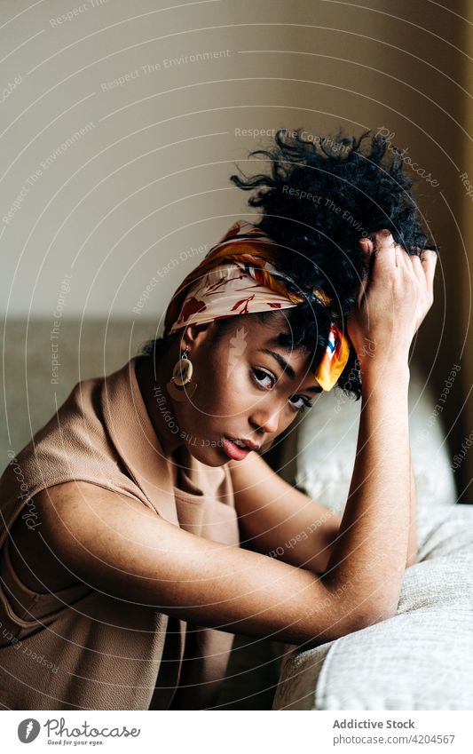Gelassene schwarze Frau sitzt auf dem Sofa und schaut in die Kamera heimwärts Afro-Look Frisur heimisch Gelassenheit sich auf die Hand lehnen Windstille