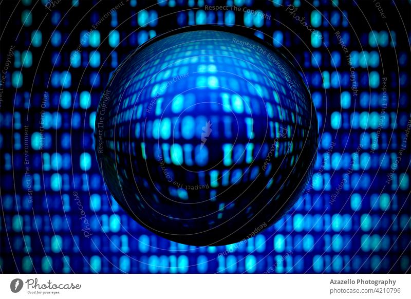 Unscharfer Binärcode-Hintergrund mit verzerrtem Blick durch eine Linsenkugel in Blau abstrakt abstraktes Objekt Algorithmus binär blau Code Kodierung Mitteilung