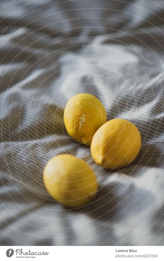 Zitronen auf weichem grünen Material weiches Licht Frucht Zitrusfrüchte gelb Weichzeichner Farbfoto