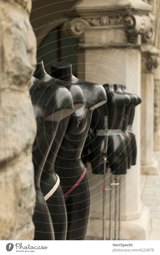 Nackte, kopflose Schaufensterpuppen in einer Reihe zwischen Säulen nackt unbekleidet Mode Körper schwarz Kunststoff falsch Gesäß Brust tiefenschärfe gering